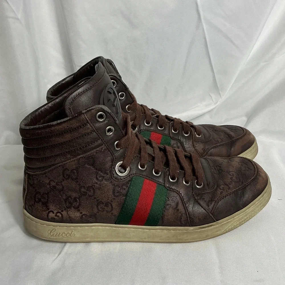 Gucci Brown GG Supreme Monogram Web Stripe High Top Sneakers 221825 Size 4.5G